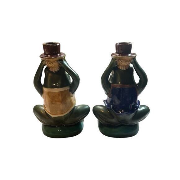 Frog Ceramic Candle Stick Figurines Set 2 Boy Girl Glazed Vintage - Picture 4 of 11